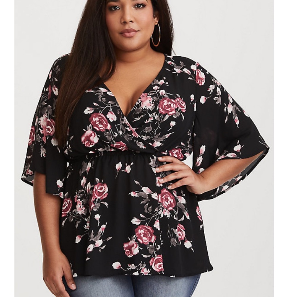 Floral Faux Wrap Georgette Babydoll Blouse